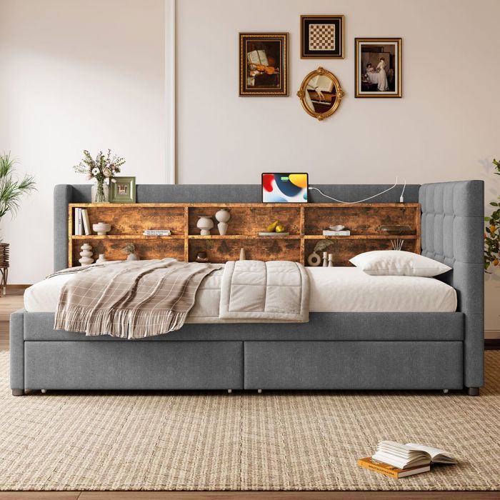 Lit simple Méridienne 90x200cm Gris Lin - Canapé-Lit 2 Places avec Sommier à Lattes 2 Tiroirs et Ports USB/Type C - Sans Matelas Lit simple Méridienne 90x200cm Gris Lin - Canapé-Lit 2 Places avec Sommier à Lattes 2 Tiroirs et Ports USB/Type C - Sans Matelas