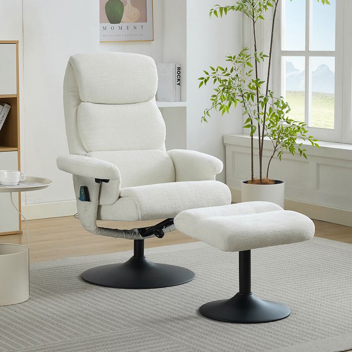 Fauteuil massant Relax 5 points inclinable chauffage pivotant 360° tissu chenille Blanc Fauteuil massant Relax 5 points inclinable chauffage pivotant 360° tissu chenille Blanc