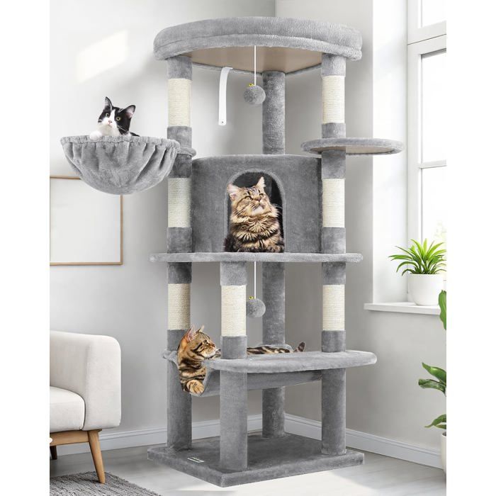 Meilleurs prix pour Arbre a Chat avec Grandes Plateforme en éventail Niches Doux Hamac PanierArbres à Chat Hauteur 130 cm Solide 90°Serré Coin (Gris)