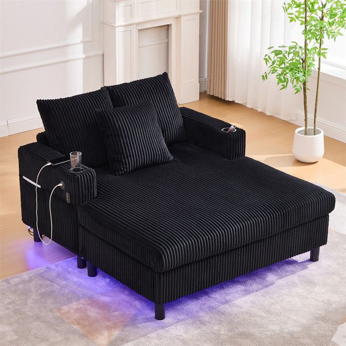 DRIPEX Canapé lit avec éclairage LEDporte-boissons et ports USBMéridienne Paresseux en Velours Côtelé Noir128×142cm