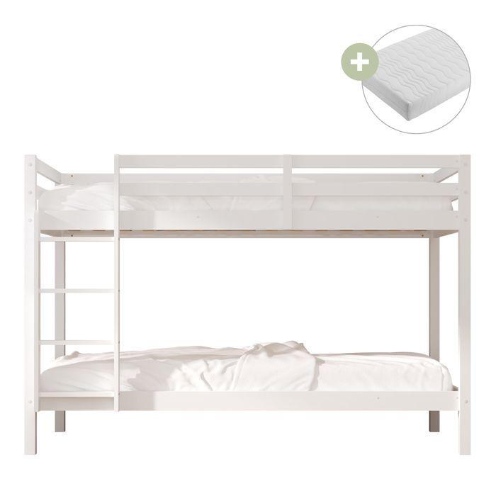 Lit Superposé - SUNNY - Jip - 2 Places - 2 Matelas Hybrides 90x200 - Bois Massif Blanc Lit Superposé - SUNNY - Jip - 2 Places - 2 Matelas Hybrides 90x200 - Bois Massif Blanc