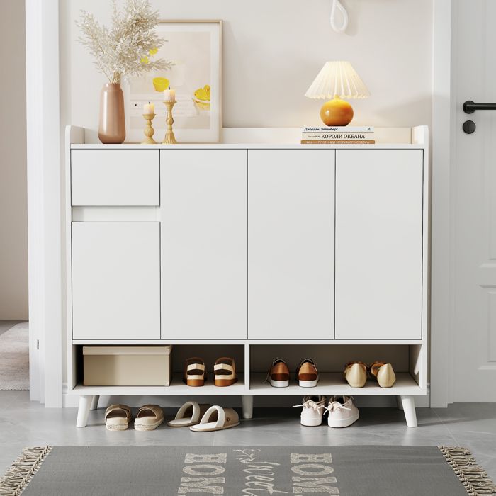 Meuble a chaussures 120x35x99 cm avec 4 portes et 1 tiroir Armoire à chaussures avec étagère réglable Meuble entree en blanc