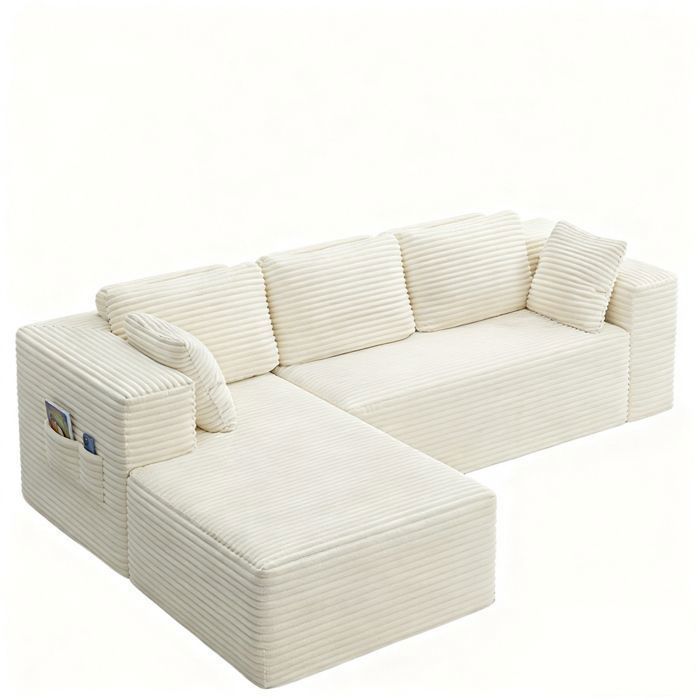 Canapé dangle Convertible - Bealife - 4 Places - Sans Installation - Canapé en L Gauche - Velours Côtelé - Scandinave - Beige