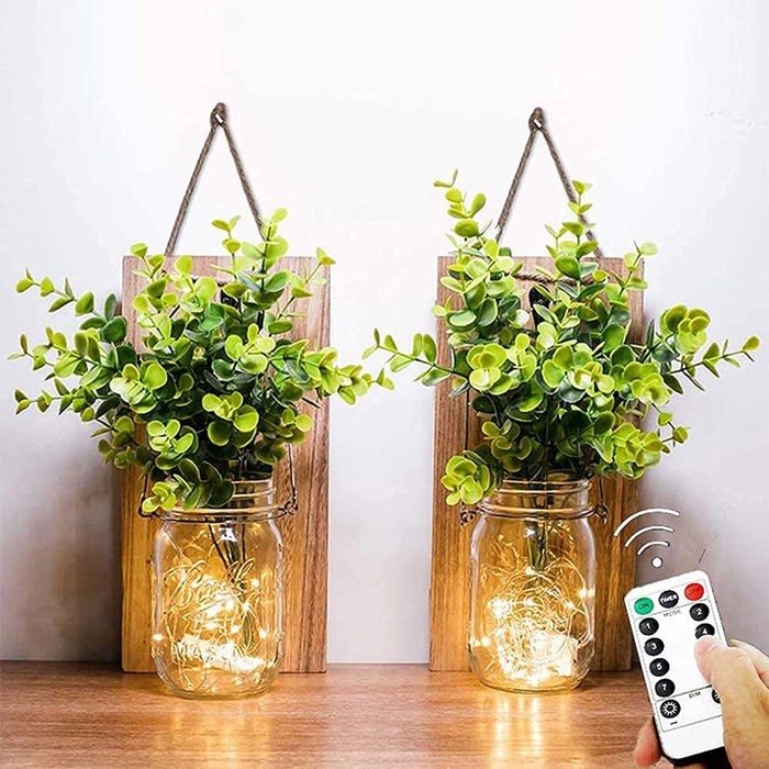 Appliques Rustiques Fausses Plantes Vertes Suspendues Mason Jar Mur Lumière avec LED Bandes fonctionnant(Lot de 2)
