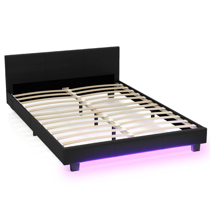 GIANTEX Cadre de Lit Double Rembourré Lumineuses LED Tête et Pied de Lit en Bois Massif Pas Besoin de Sommier 210x145x65cm Noir GIANTEX Cadre de Lit Double Rembourré Lumineuses LED Tête et Pied de Lit en Bois Massif Pas Besoin de Sommier 210x145x65cm Noir