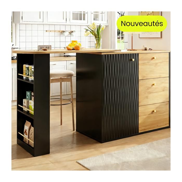 Rotative 360° Table îlot cuisine avec 2 Étagères intégrées - Étagères latérales à 3 niveaux - 3 Tiroirs Bistrot Moderne