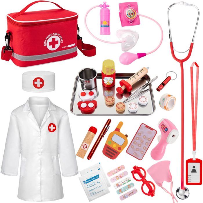 Mallette Docteur Enfant En Bois – 10 Accessoires, Stéthoscope Avec Battements, Jeu D’imitation, Dès 3 Ans – Cadeau éducatif
