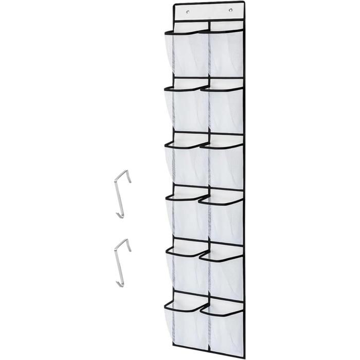 Étagère de rangement blanche avec 12 grandes poches en filet et 2 crochets pour ranger les petits outils dans la cuisine la ch...
