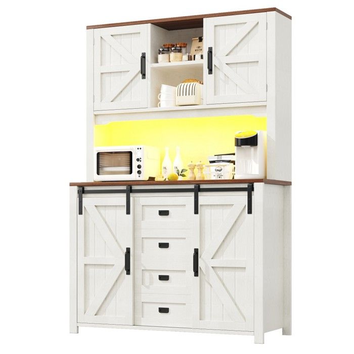 Buffet Blanc 115x40x174 7cm Meuble Haut Cuisine Armoire Portes Coulissantes LED Rangement Intégré