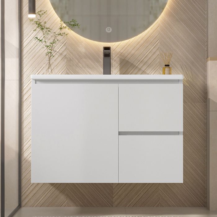 Meuble Lavabo Suspendu Blanc Moderne avec 2 Tiroirs et Vasque Épurée - Design Contemporain pour Salle de Bain 76x46x50cm