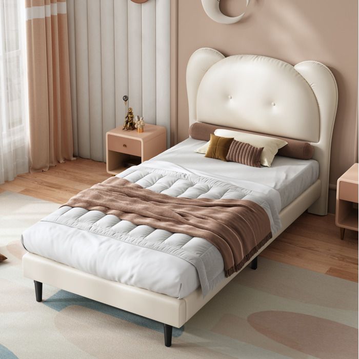 Lit enfant 90x200 cm. lit simple rembourré. Tête de lit en forme danimal. sans matelas. cuir PU. beige