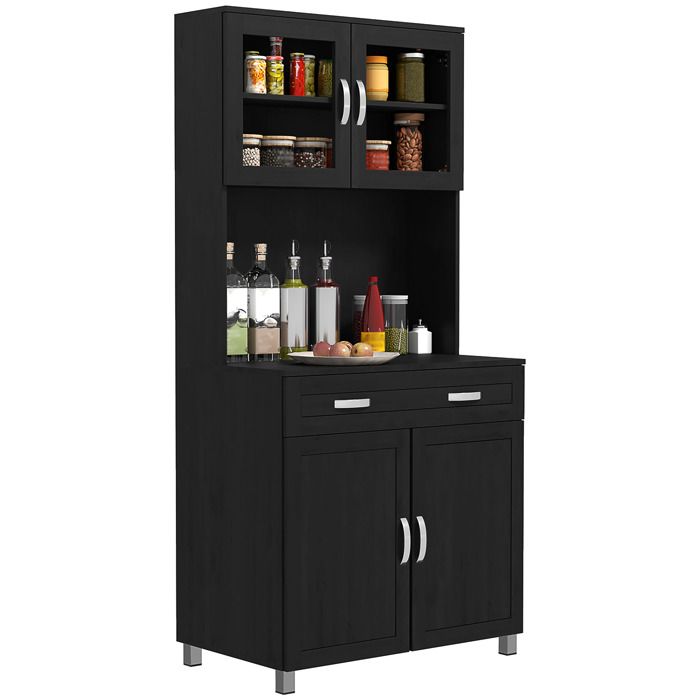 Buffet haut cuisine - HOMCOM - 4 portes dont 2 en verre tiroir étagères réglables - MDF panneau de particules - 80x48x170cm - noir