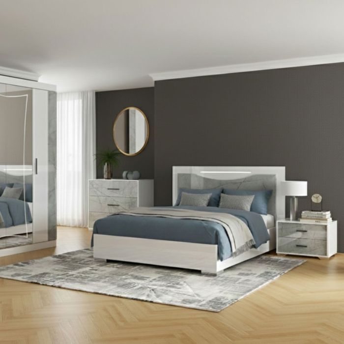 Chambre complète Lit 140x190cm avec chevets + commode + armoire blanc et imitation marbre - GENESIS Chambre complète Lit 140x190cm avec chevets + commode + armoire blanc et imitation marbre - GENESIS