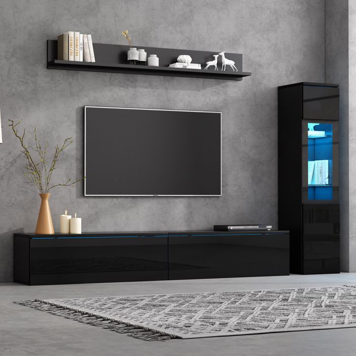 Ensemble Meuble TV Mural LED - 3 Pièces - Blanc Brillant - avec Vitrine et Étagère Suspendue - pour TV jusqu’à 75 Pouces - MERAX Ensemble Meuble TV Mural LED - 3 Pièces - Blanc Brillant - avec Vitrine et Étagère Suspendue - pour TV jusqu’à 75 Pouces - MERAX