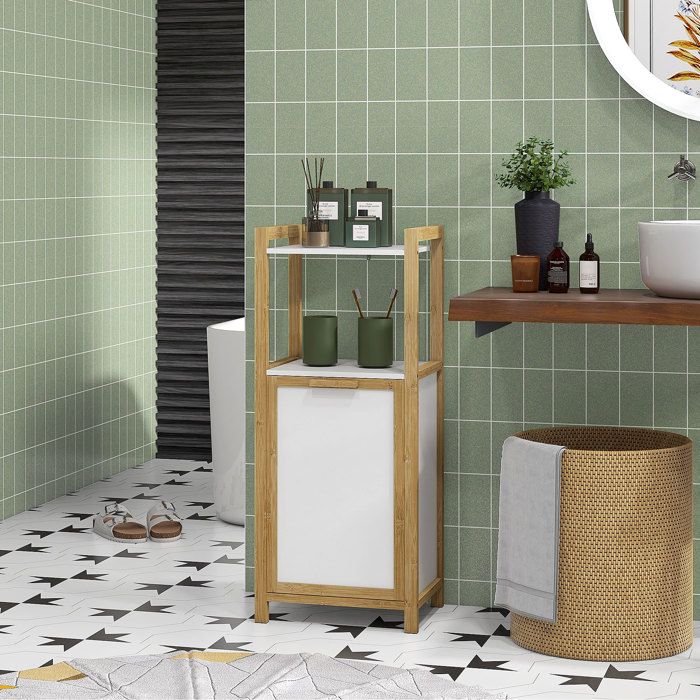 Meuble de salle de bain - AKOZON - 9791 - Bambou - 2 étagères - Panier amovible 33L