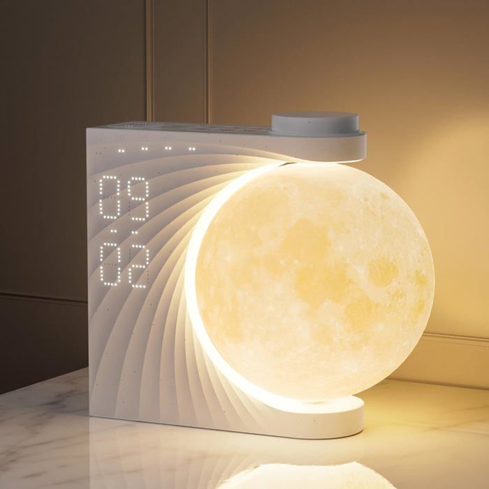 Lampe de Lune avec Réveil Lumineux 2 Réveils Lumière Lunaire RGB 8 Couleurs 10 Sons Naturels Veilleuse 3 Niveaux de Luminosité