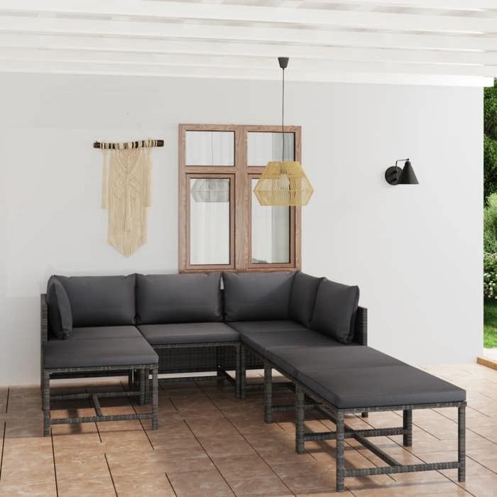 NEW 2026 Salon de jardin lot de 7 Meuble pour 6 personnes avec coussins Résine tressée Gris 60x60x60 cm S755
