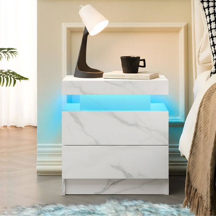 Table de Chevet LED 50x53x36cm Chevet Moderne avec 2 Tiroirs Éclairage Multicolore Effet Pierre Blanche Meuble Chambre