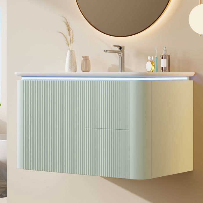 Meuble vasque mural 80 5 cm en MDF vert avec vasque céramique 4 tiroir LED à détection