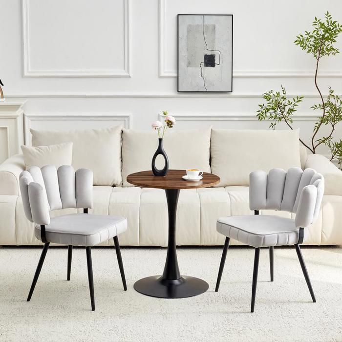 Ensemble table et chaises ronde en MDF de 60cm de diamètre Table à manger avec 2 chaises en velours gris clair et pied central noir