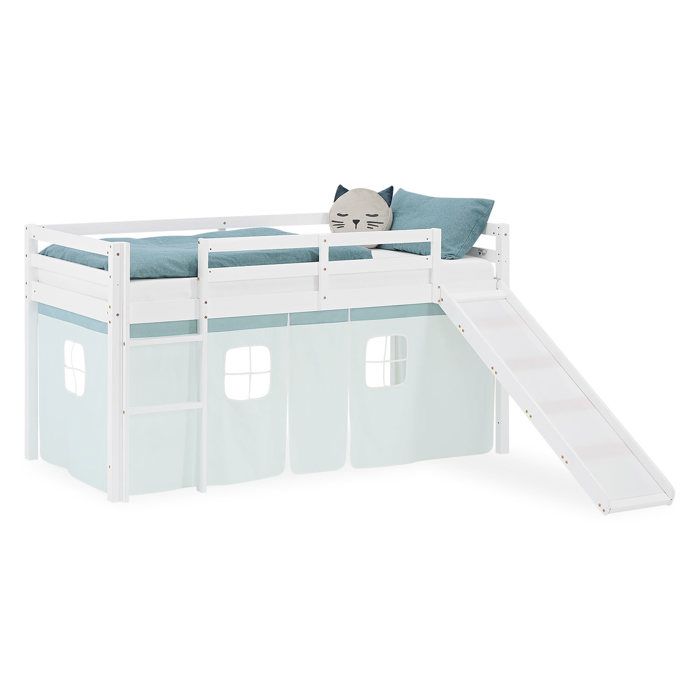 Lit mezzanine enfant 90x200 cm Blanc avec rideau Vert Menthe Toboggan sans sommier Lit mezzanine enfant 90x200 cm Blanc avec rideau Vert Menthe Toboggan sans sommier