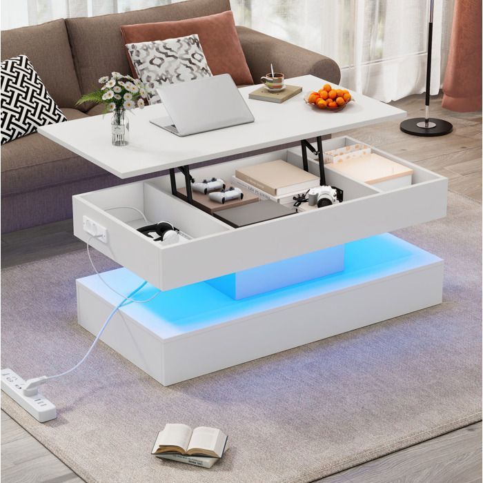 Table basse blanche relevable avec LED rangement caché et prises EU