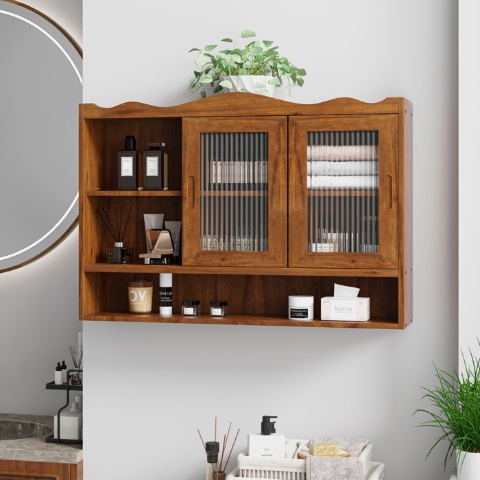 LPOSPI Armoire murale meuble portes coulissantes 3 étagères rétro rangement cuisine salle de bain 90x20x60 cm brun