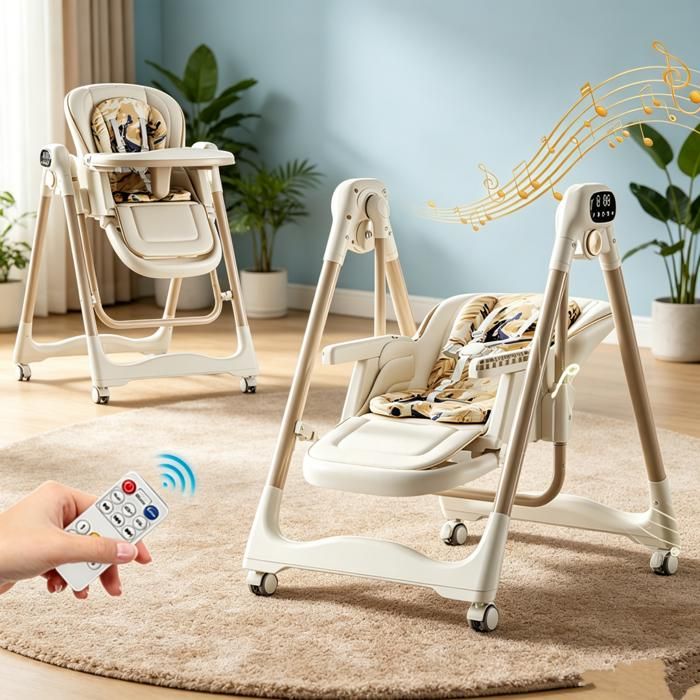 Chaise Haute Balancelle Électrique 8 Hauteurs 6 Angles Inclinaison Roulettes 360° Harnais 5 Points Pour Nourrisson 0-18 Mois 15KG