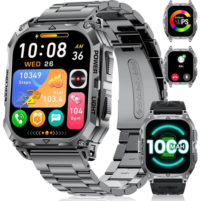 Montre Connectée Homme avec 1000mAh/2.01HD Grand Écran Militaire Smartwatch avec Appel Bluetooth Noir