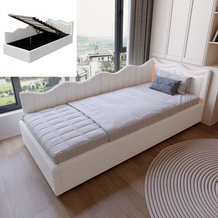 Canapé-Lit Rembourré 90x200 cm avec LED SORVAGLOS Banquette hydraulique Lit Simple 90x200 cm velours teddy blanc