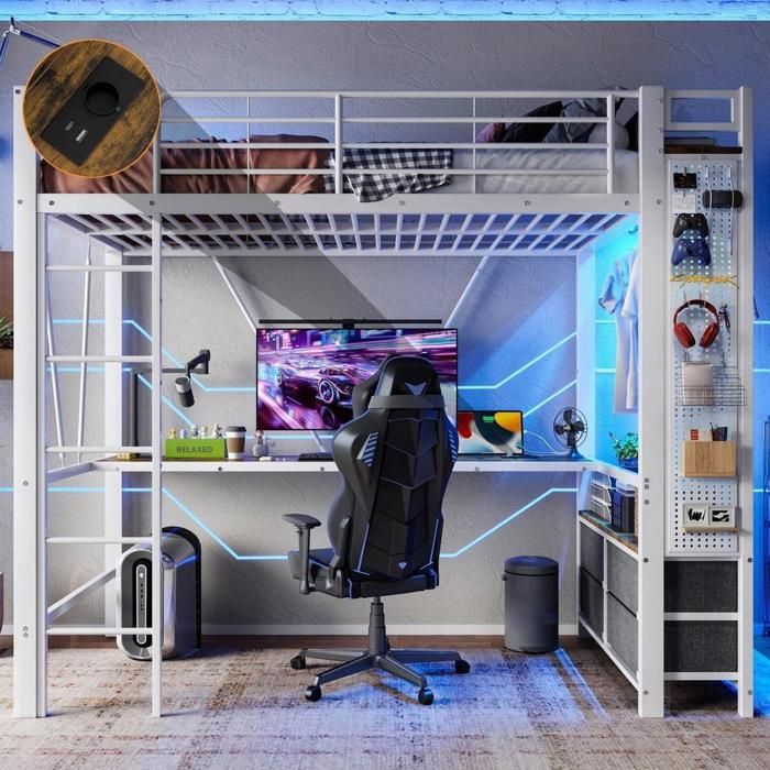 Lit superposé - KOMHTOM - 90x200 cm - Bureau penderie et 4 tiroirs - USB Type-C + LED - Échelle et garde-corps haut
