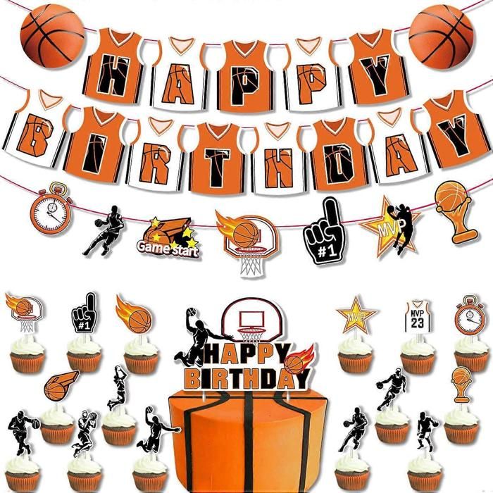 Décorations pour une fête danniversaire sur le thème du basket-ball : banderole « Joyeux anniversaire » décorations pour gâteau