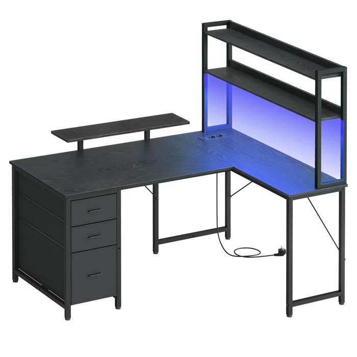 Bureau Gaming dAngle Réversible avec LED et Ports USB Table en L Étagères Support dÉcran 3 Tiroirs 140 x 100 cm Noir Bureau Gaming dAngle Réversible avec LED et Ports USB Table en L Étagères Support dÉcran 3 Tiroirs 140 x 100 cm Noir