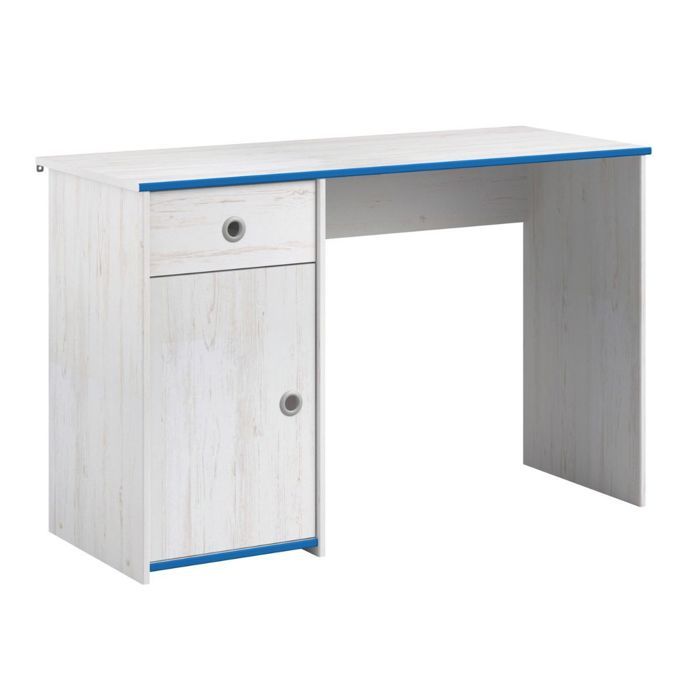 Bureau 1 porte 1 tiroir aspect bois blanchi avec chants bleus en façade - MISYLIA Bureau 1 porte 1 tiroir aspect bois blanchi avec chants bleus en façade - MISYLIA