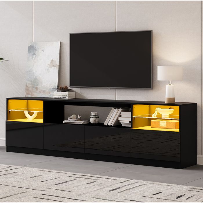 Meuble TV LED noir brillant 180 x 35 x 60 cm 4 portes 8 rangements verre trempé pour TV 50 à 75 pouces
