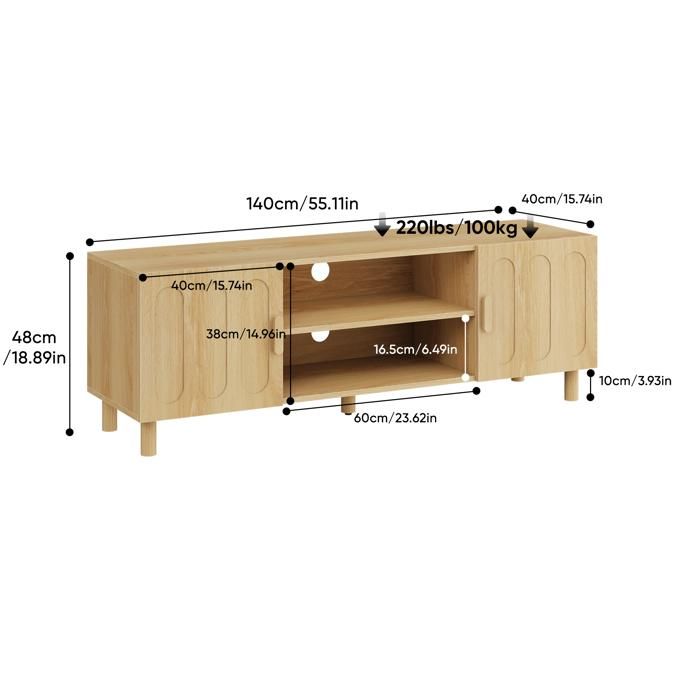 Meuble TV 140 x 40 x 48 cm en MDF décor chêne 2 portes 2 niches ouvertes passe-câbles pieds en bois massif
