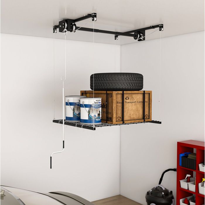 Étagère de plafond pour garage 120 x 120 cm en acier noir système à manivelle charge 113 kg pour plafond 3 à 3 6 m