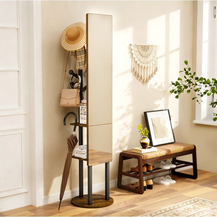 Porte-manteau d’entrée avec miroir en pied pivotant 360° rangement ouvert bois et métal noir et marron