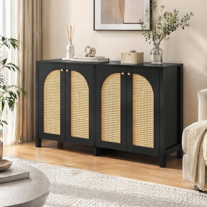 WOVREO Buffet bas 4 portes noir en MDF avec cannage synthétique étagère réglable