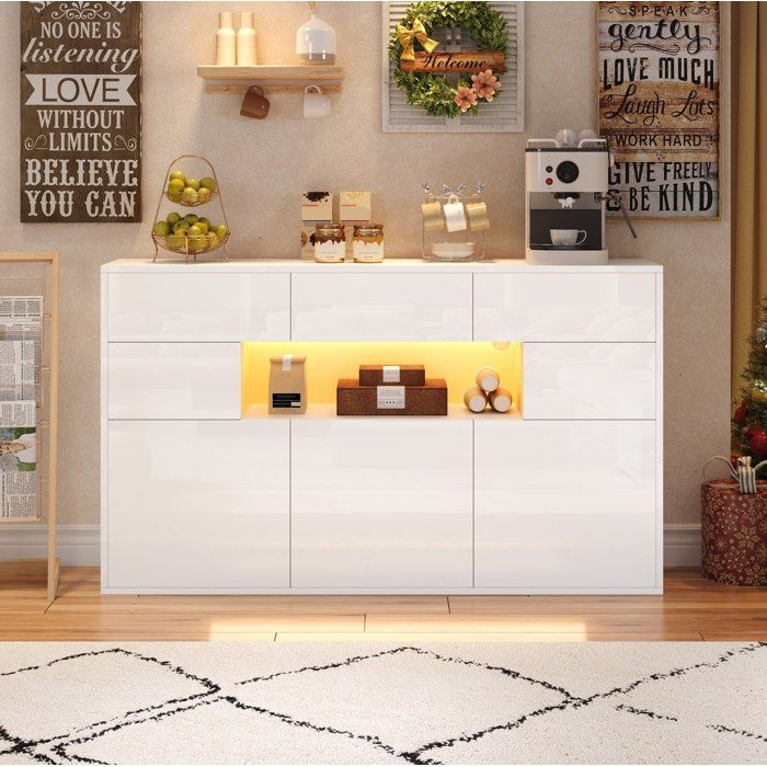 Buffet Bas Blanc Laqué Avec LED 3 Tiroirs 5 Rangements En MDF 140 x 30 x 82 cm Commande Par Application Mobile Pour Salon