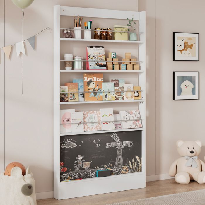 WUVRIE Bibliothèque enfant 4 étagères avec tableau noir intégré blanc bois et métal 100 x 10 x 180 cm
