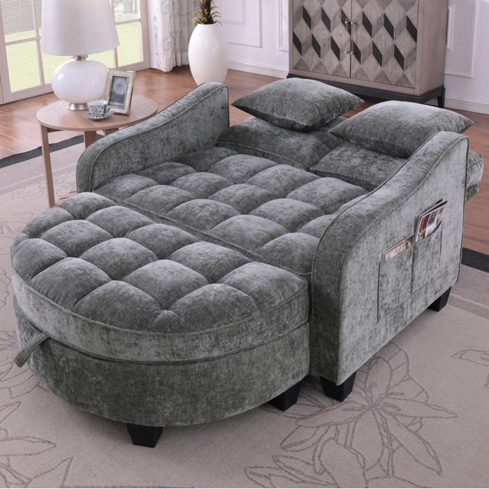 Canapé convertible 2-en-1 AESVAR 1 place avec pouf de rangement chenille gris foncé bois d’eucalyptus