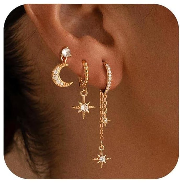 Boucles D’Oreilles Femme–Petite Boucles Pour 3 Trous Étoile Et Lune Set Or Pour Multiples Piercings Piercing Oreille Discret[PP239]