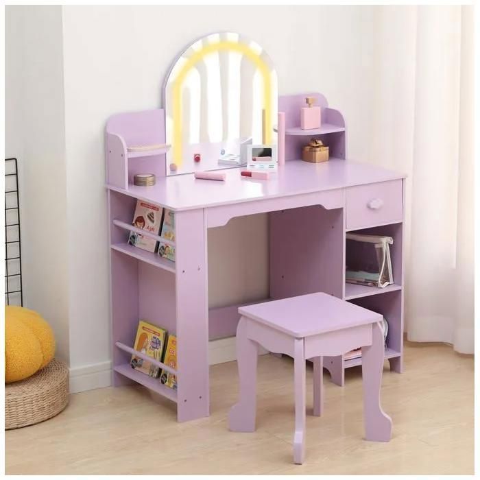 Coiffeuse enfant avec miroir LED réglable – Tiroir étagères ouvertes et bibliothèque – Violet avec accessoires-101 x 80 x 40cm