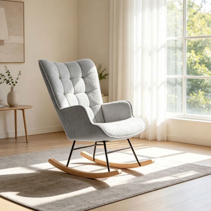 Fauteuil à bascule - Gris clair - Velours Teddy - Chaise Bascule en Bois - Style Scandinave - 1 Place - pour Salon Chambre à Couche
