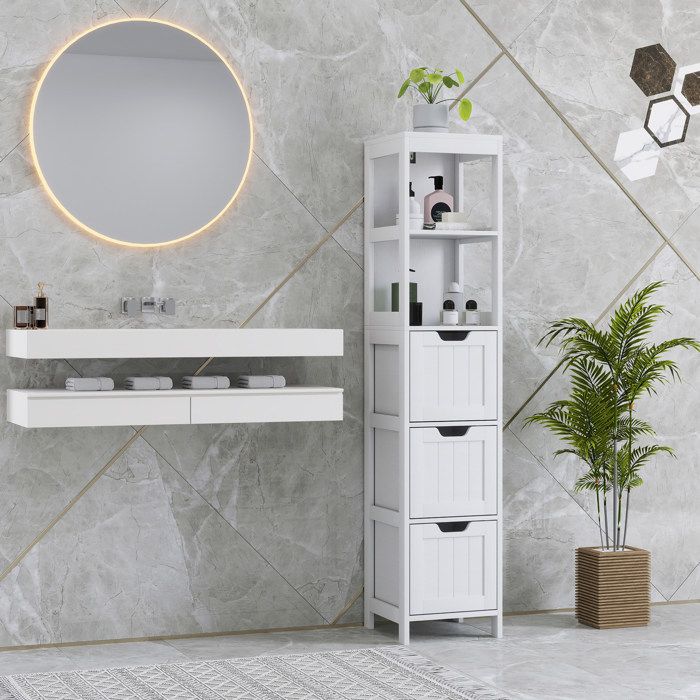 Colonne de salle de bain blanche 30 x 30 x 1424 cm avec 3 tiroirs et 2 niches ouvertes en MDF