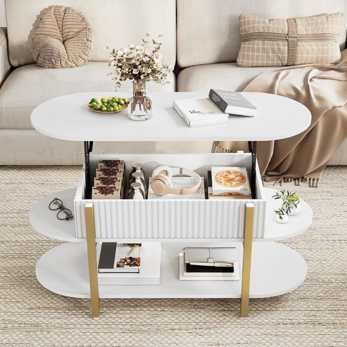 Table Basse Relevable - 106x45x50cm - Table Basse de Salon Ovale Blanche et Dorée avec Rangement Caché et Étagère Ouverte - Blanc