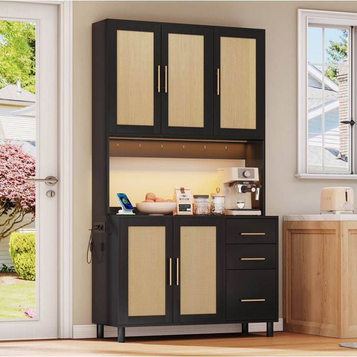 Buffet de Cuisine Haut avec LED Contrôlée par Application 2 Prises et 2 USB - LPOSPI - 3 Tiroirs MDF Noir