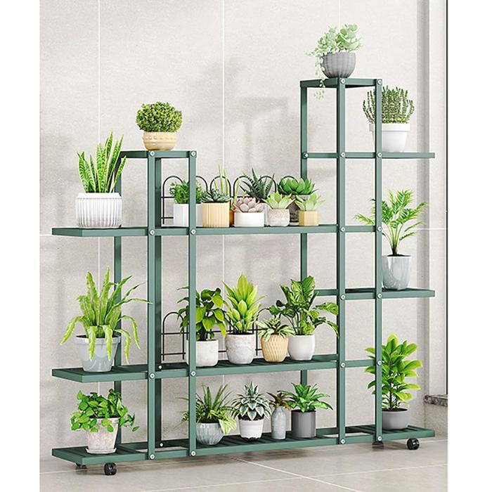 JOLLYTOP Support Plante dAngle Métal - Étagère à Fleurs avec Roues Blocables - Porte-Plantes Salon/Balcon/Garage - Vert