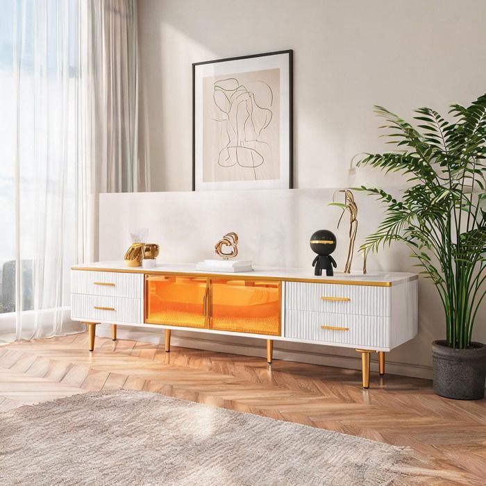 Meuble TV bas design effet marbre blanc portes verre trempé marron 4 tiroirs LED 170x37x47 5 cm